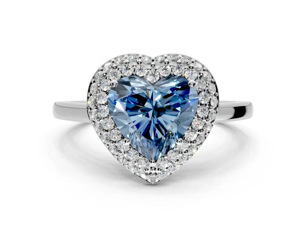Halo Engagement Ring Setting for Fancy Blue Heart-Shaped Center with Plain Tapered Band and Prong Head in Platinum