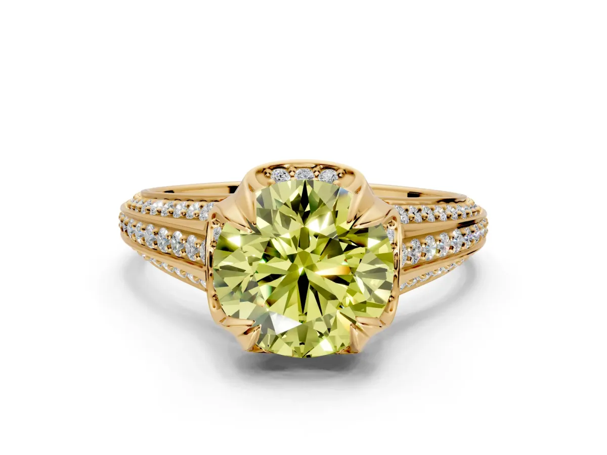 Solitaire Engagement Ring Setting for Fancy Yellow Round Cut Center with Accented Split Shank and Prong Head in Yellow Gold