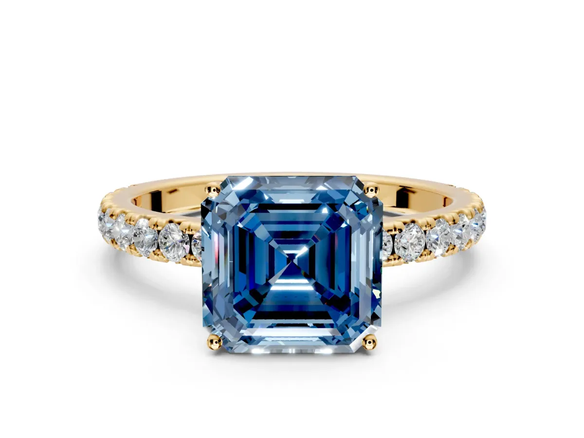 Solitaire Engagement Ring Setting for Fancy Blue Asscher Cut Center with Large Accent Band and Prong Head in Yellow Gold