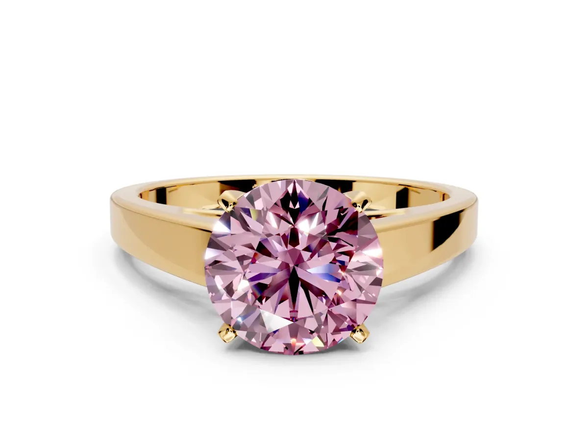 Solitaire Engagement Ring Setting for Fancy Pink Round Cut Center with Tapered Split Shoulders and Prong Head in Yellow Gold