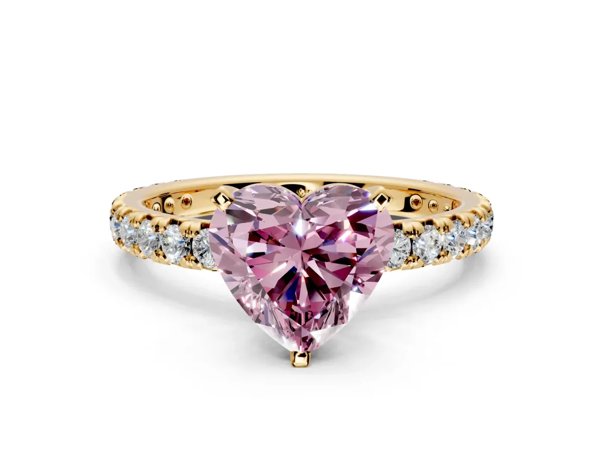 Solitaire Engagement Ring Setting for Fancy Pink Heart-Shaped Center with Shared-Prong Accents and Prong Head in Yellow Gold