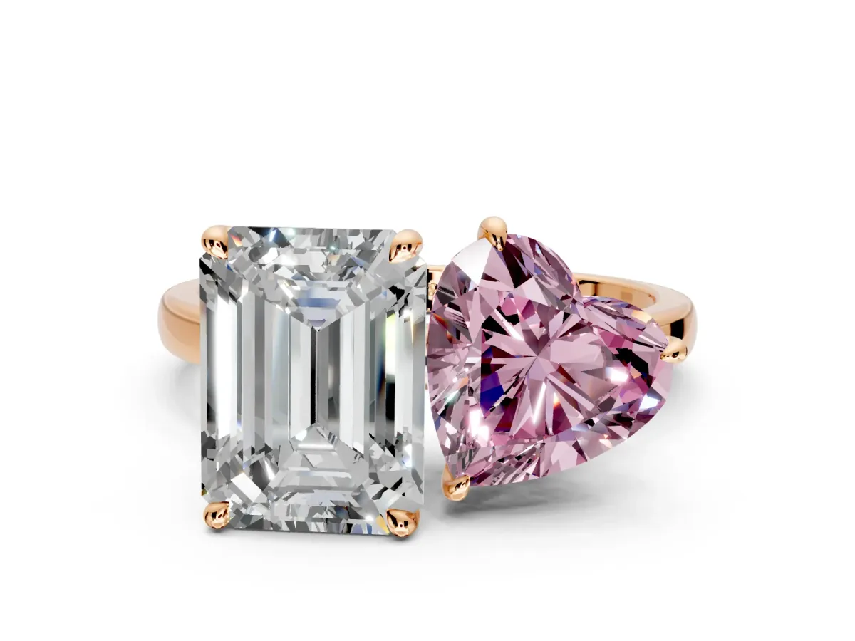 Fancy Pink Heart-Shaped and Emerald Cut Lab-Grown Diamond Toi et Moi Engagement Ring with Prong-Set Stones in Rose Gold