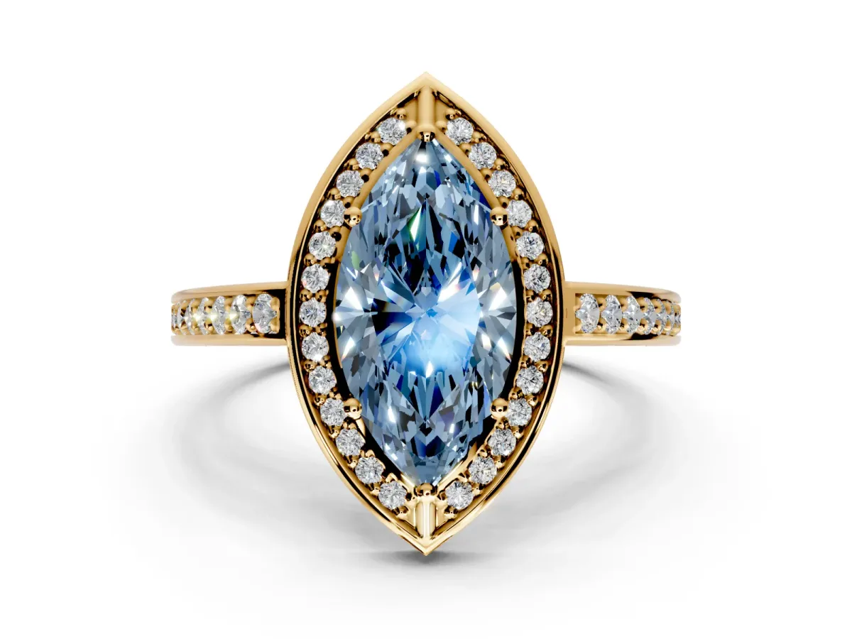 Halo Engagement Ring Setting for Fancy Blue Marquise Center with Framed Halo, Pave Band and Prong Head in Yellow Gold