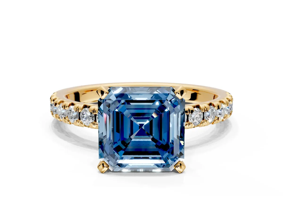 Solitaire Engagement Ring Setting for Fancy Blue Asscher Cut Center with Large Accents and Prong Head in Yellow Gold