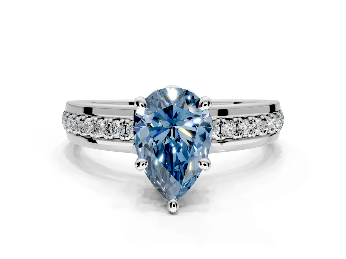 Solitaire Engagement Ring Setting for Fancy Blue Pear-Shaped Center with Raised Channel Band and Prong Head in White Gold