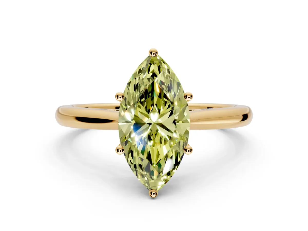 Solitaire Engagement Ring Setting for Fancy Yellow Marquise Center with Narrow Cathedral Band and Prong Head in Yellow Gold