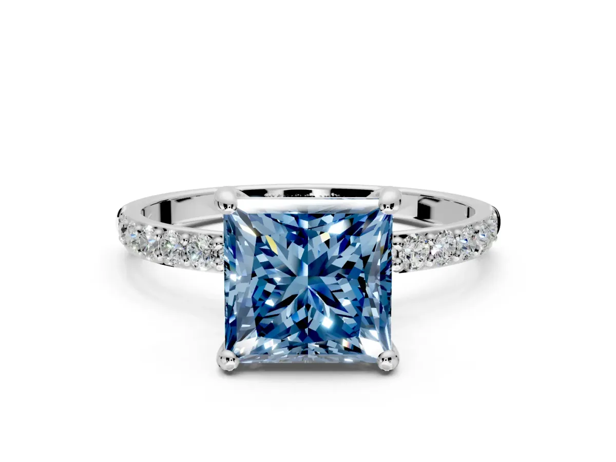 Solitaire Engagement Ring Setting for Fancy Blue Princess Cut Center with Pave Accents and Prong Head in White Gold