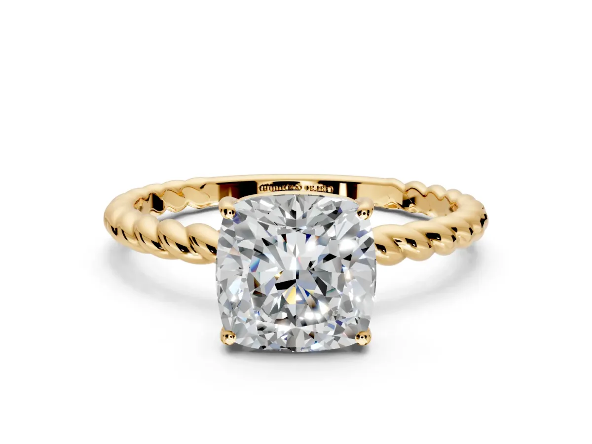 Solitaire Engagement Ring Setting for Cushion Cut Center with Plain Twisted Rope Band and Prong Head in Yellow Gold
