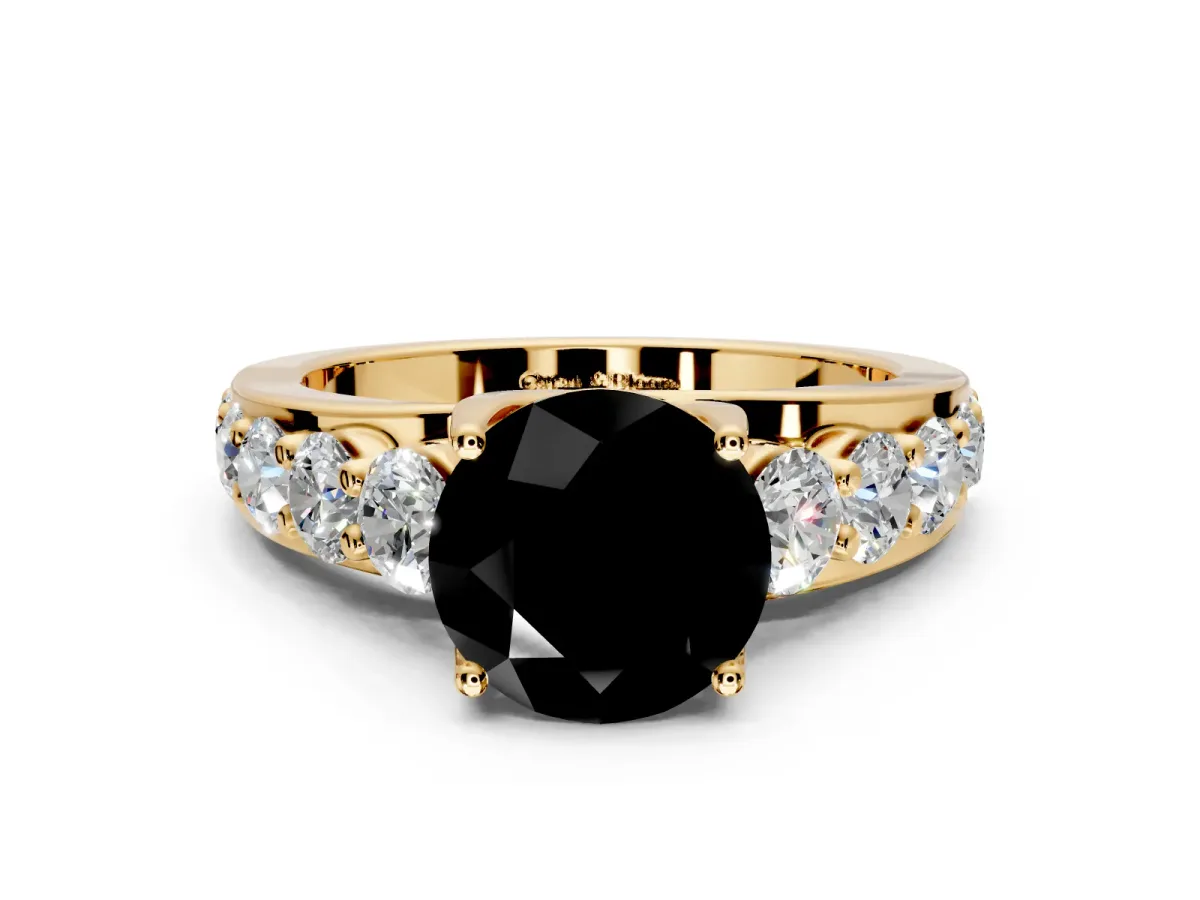 Solitaire Engagement Ring Setting for Fancy Black Round Cut Center with Graduated Shared Prongs and Prong Head in Yellow Gold