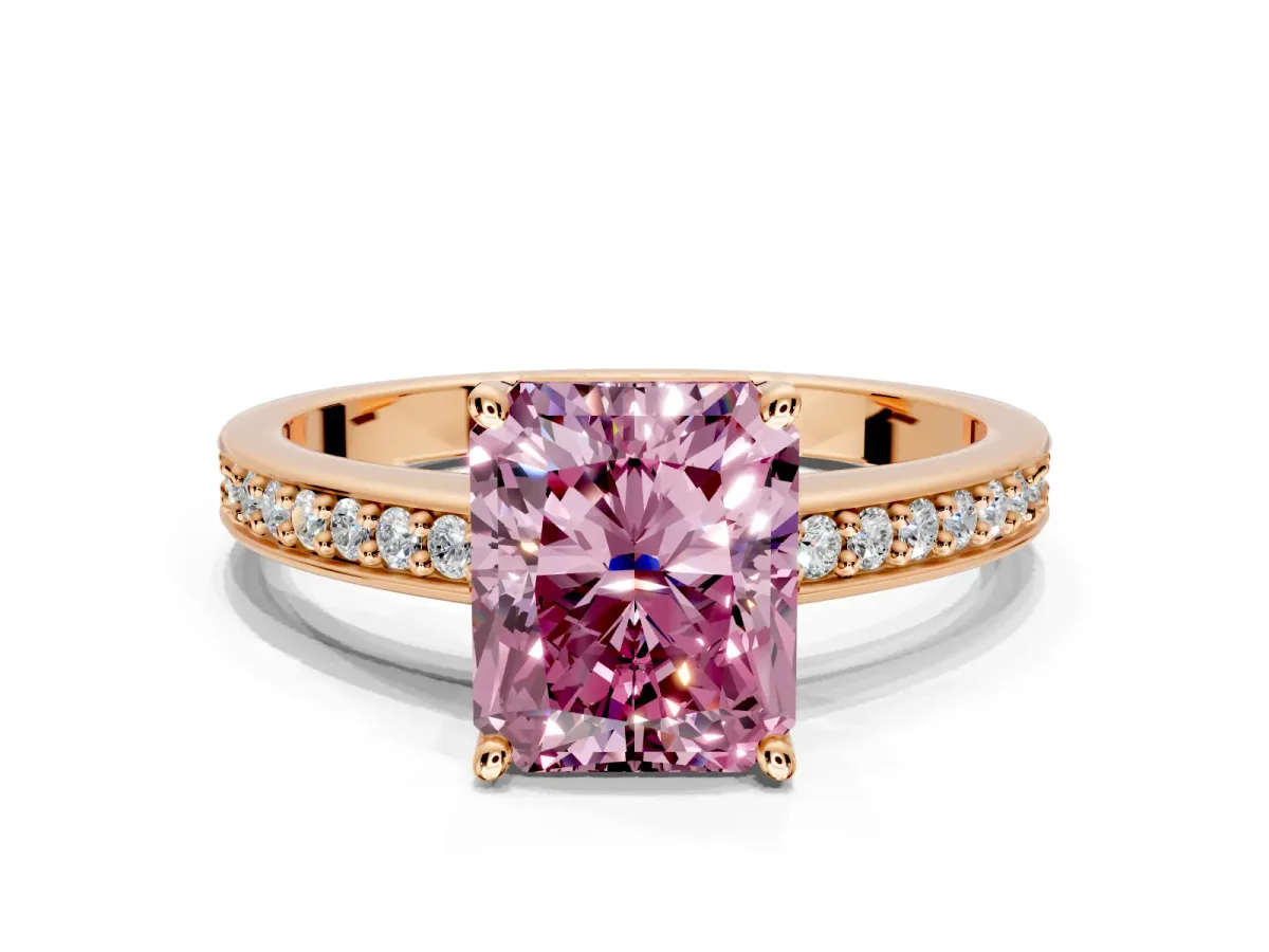 Solitaire Engagement Ring Setting for Fancy Pink Radiant Cut Center with Channel-Set Accent Band and Prong Head in Rose Gold