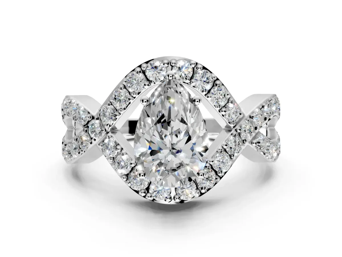 Halo Engagement Ring Setting for Pear-Shaped Center with Pave Infinity Twist Band and Prong Head in Sterling Silver