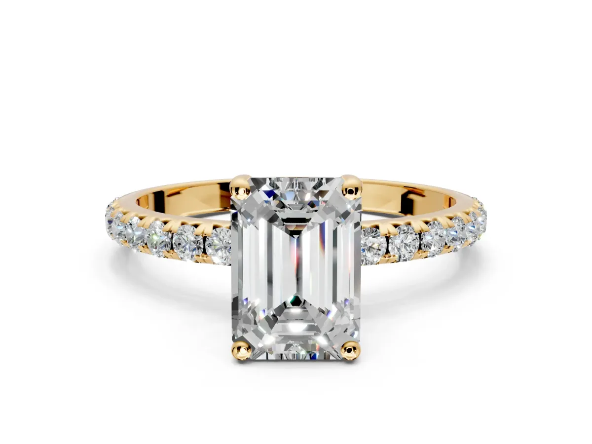 Solitaire Engagement Ring Setting for Emerald Cut Center with Micro Pave Band and Prong Head in Yellow Gold