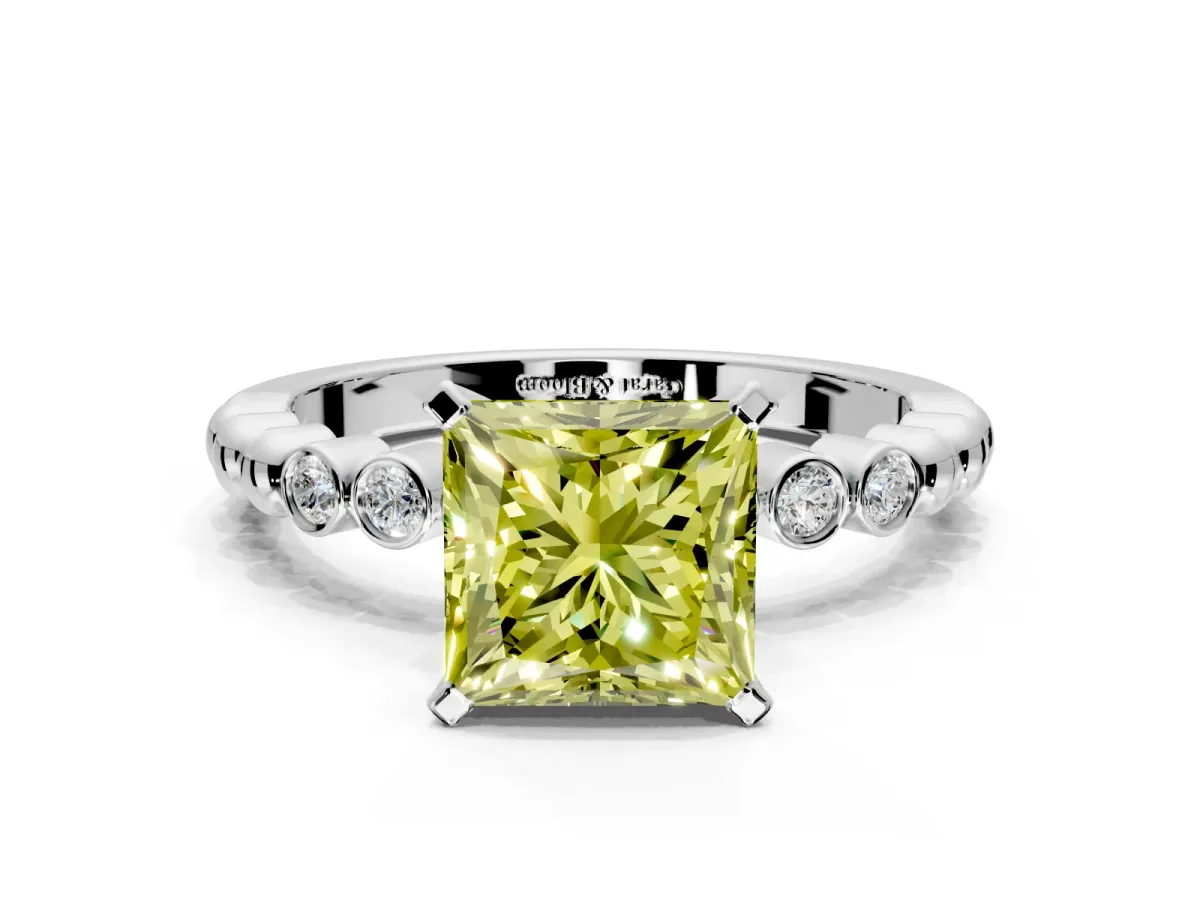 Solitaire Engagement Ring Setting for Fancy Yellow Princess Cut Center with Bezel-Dot Beaded Band and Prong Head in Sterling Silver