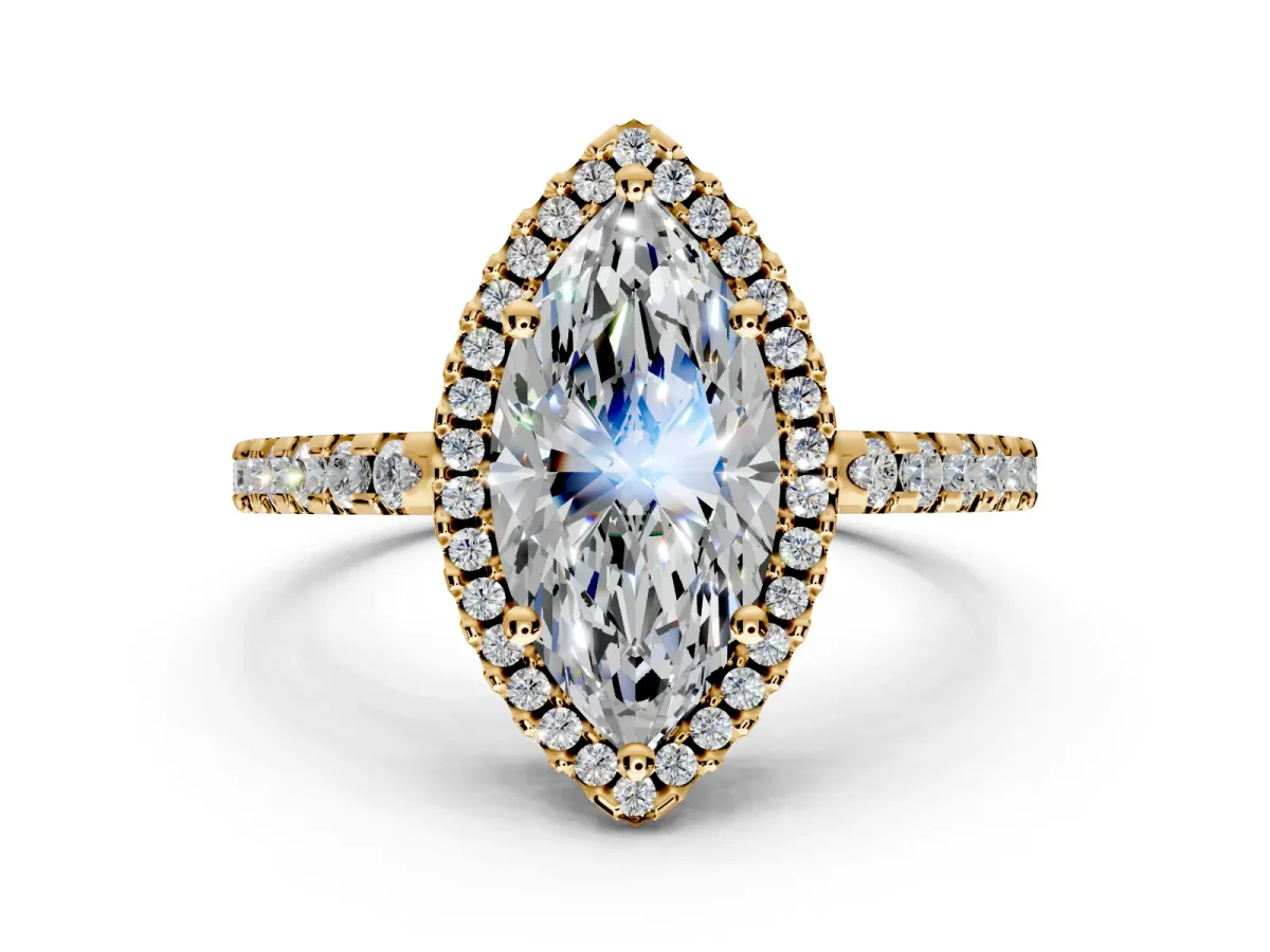 Accent Halo Engagement Ring Setting for Marquise Center with Full-Length Pave Band and Prong Head in Yellow Gold