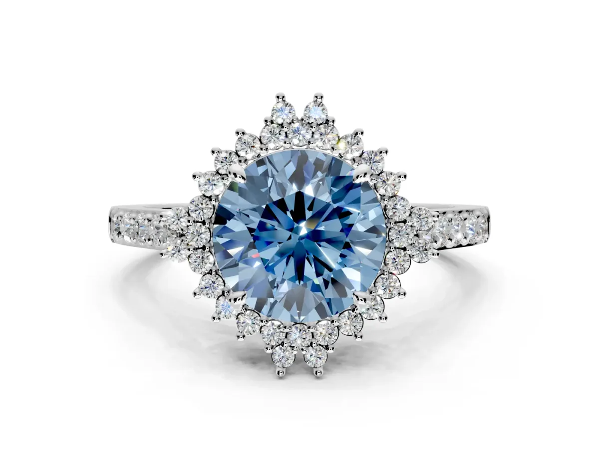 Sunburst Halo Engagement Ring Setting for Fancy Blue Round Cut Center with Pave Band and Prong Head in Sterling Silver