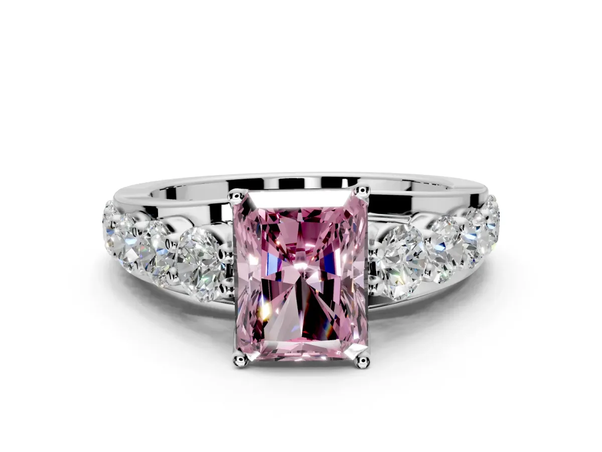 Solitaire Engagement Ring Setting for Fancy Pink Radiant Cut Center with Graduated Shared Prongs and Prong Head in Platinum
