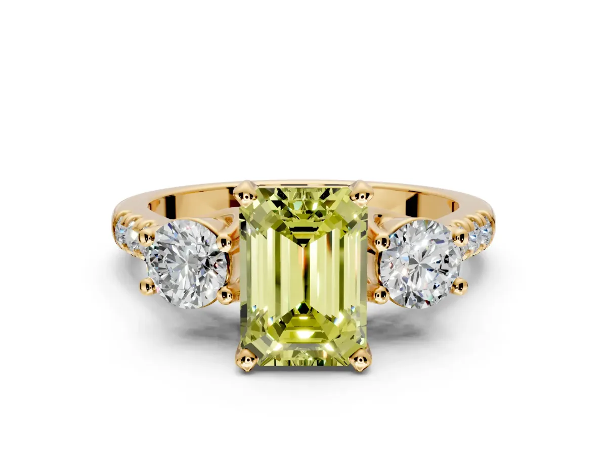 3 Stone Engagement Ring Setting for Fancy Yellow Emerald Cut Center with Crossover Basket, Pave Band and Prong Head in Yellow Gold