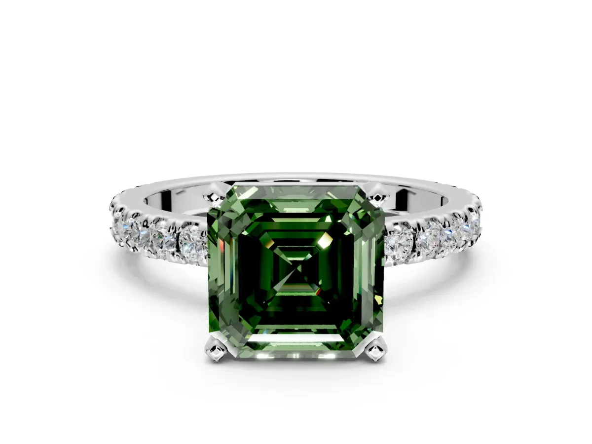 Solitaire Engagement Ring Setting for Fancy Green Asscher Cut Center with Fine Pave Band and Claw Prong Head in Platinum