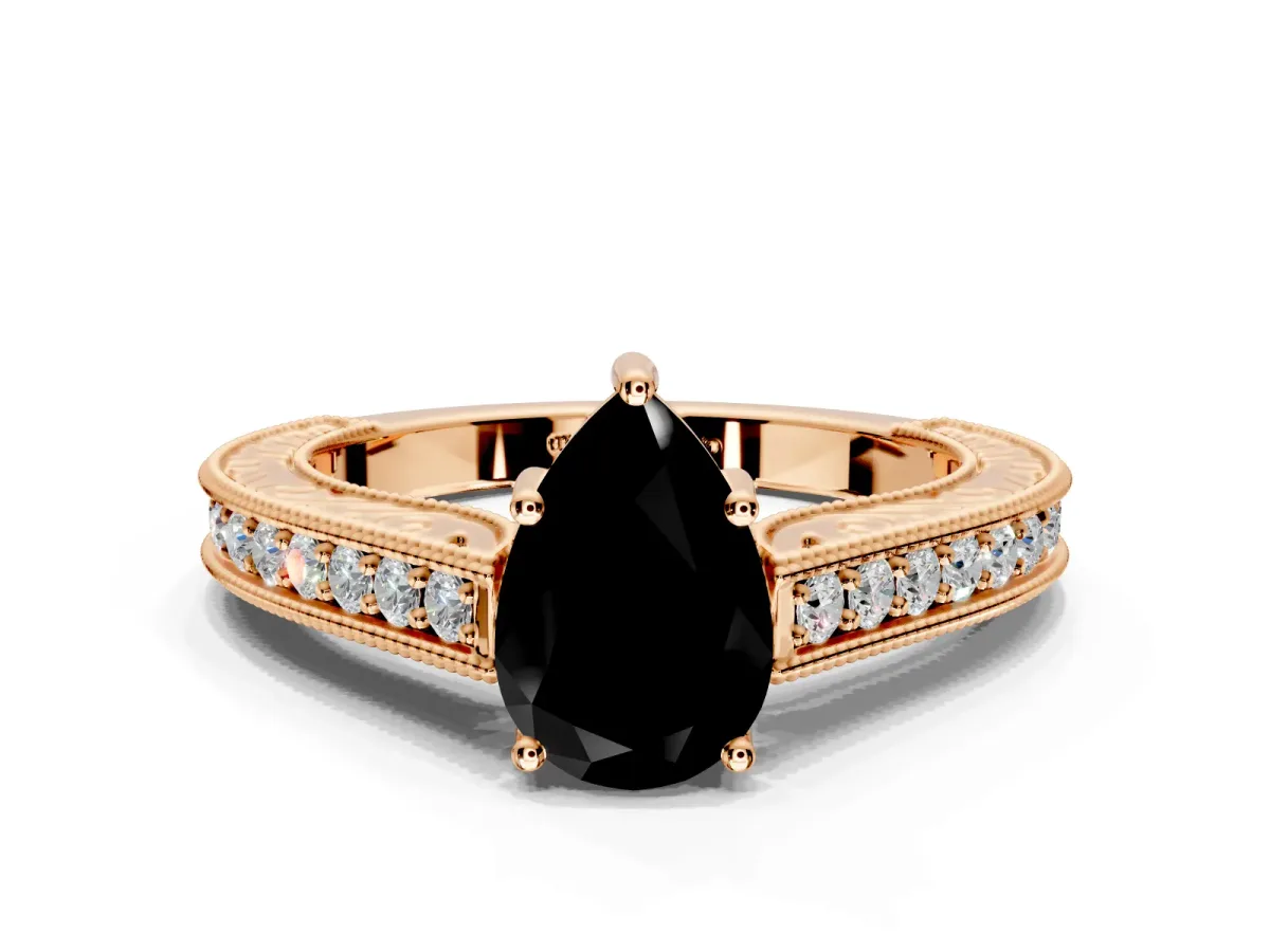 Solitaire Engagement Ring Setting for Fancy Black Pear-Shaped Center with Engraved Pave Band and Prong Head in Rose Gold