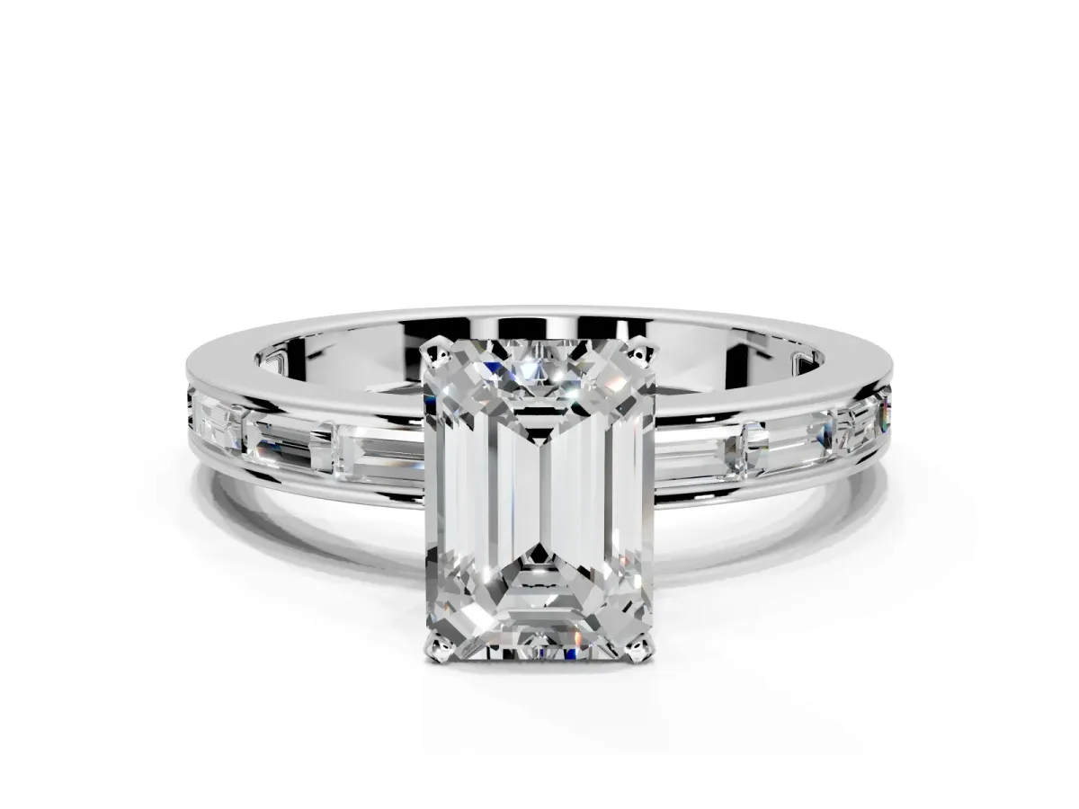 Solitaire Engagement Ring Setting for Emerald Cut Center with Channel Baguette Band and Prong Head in Platinum