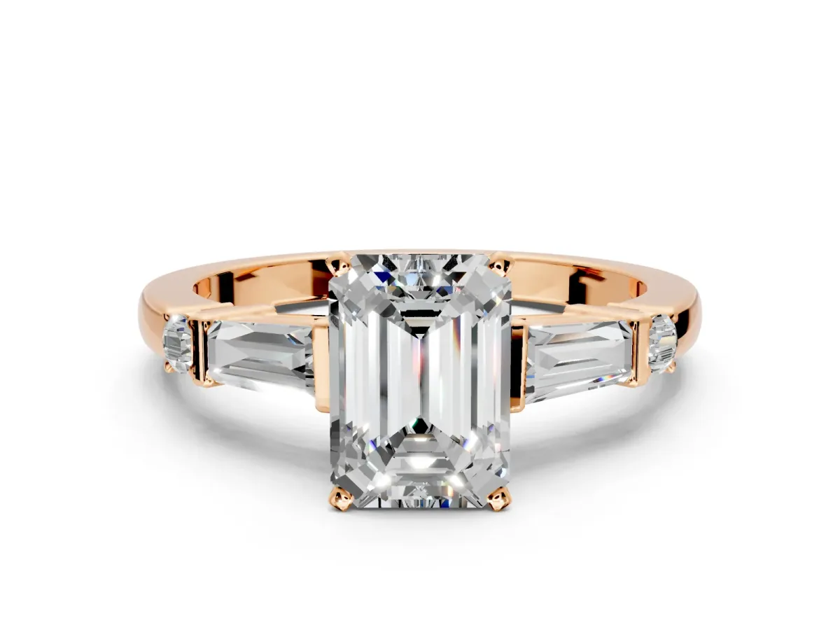 Bar-Set Engagement Ring Setting for Emerald Cut Center with Tapered Baguette Accents and Prong Head in Rose Gold