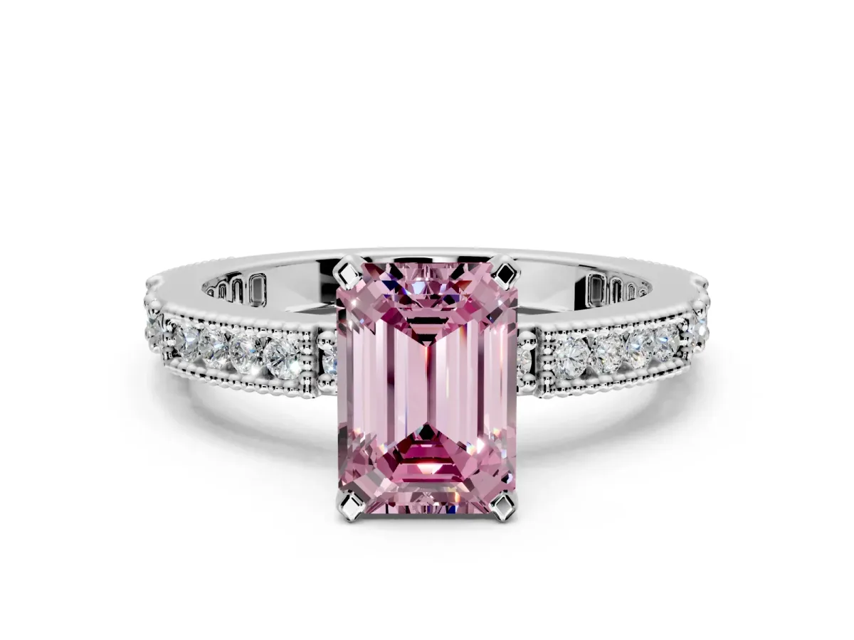 Solitaire Engagement Ring Setting for Fancy Pink Emerald Cut Center with Milgrain-Edged Pave Band and Prong Head in Platinum