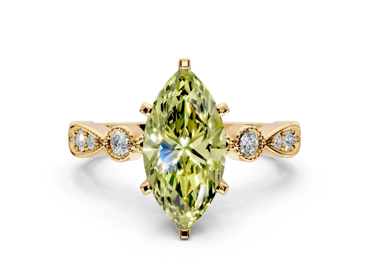 Solitaire Engagement Ring Setting for Fancy Yellow Marquise Center with Milgrain Bezel Accents and Prong Head in Yellow Gold