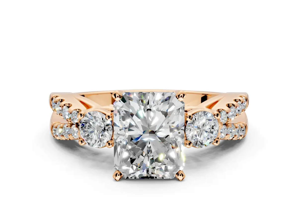 3 Stone Engagement Ring Setting for Radiant Cut Center with Pave Split Shank and Prong Head in Rose Gold