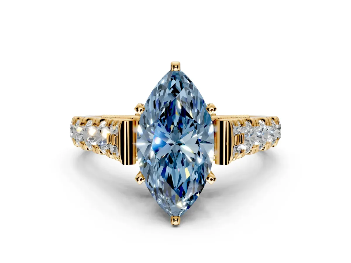 Solitaire Engagement Ring Setting for Fancy Blue Marquise Center with Pave Cathedral Shoulders and Prong Head in Yellow Gold