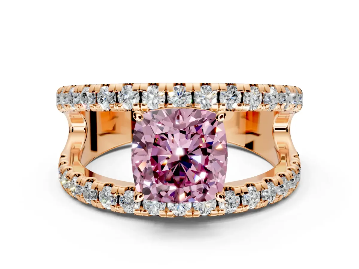 Solitaire Engagement Ring Setting for Fancy Pink Cushion Cut Center with Wide-Open Split Shank and Prong Head in Rose Gold
