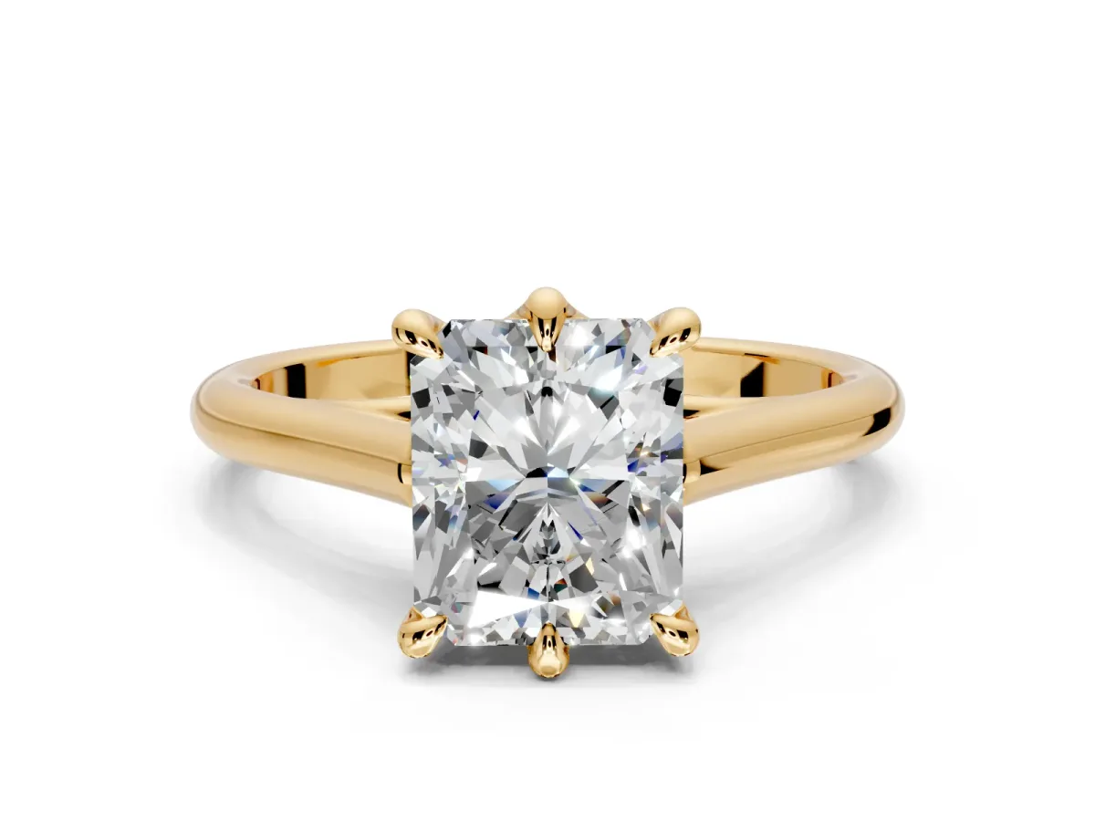 Solitaire Engagement Ring Setting for Radiant Cut Center with Cathedral Band and Prong Head in Yellow Gold