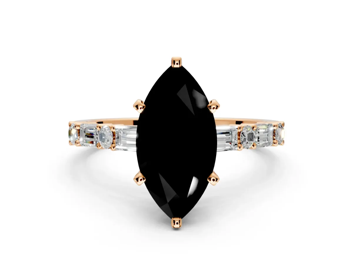 Baguette Engagement Ring Setting for Fancy Black Marquise Center with Alternating Bar-Set Band and Prong Head in Rose Gold