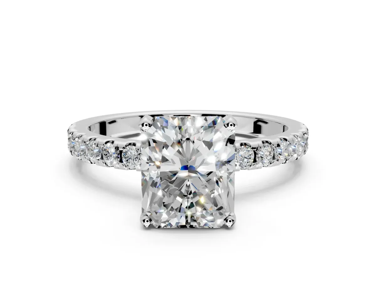 Solitaire Engagement Ring Setting for Radiant Cut Center with Band of Accents and Prong Head in Platinum