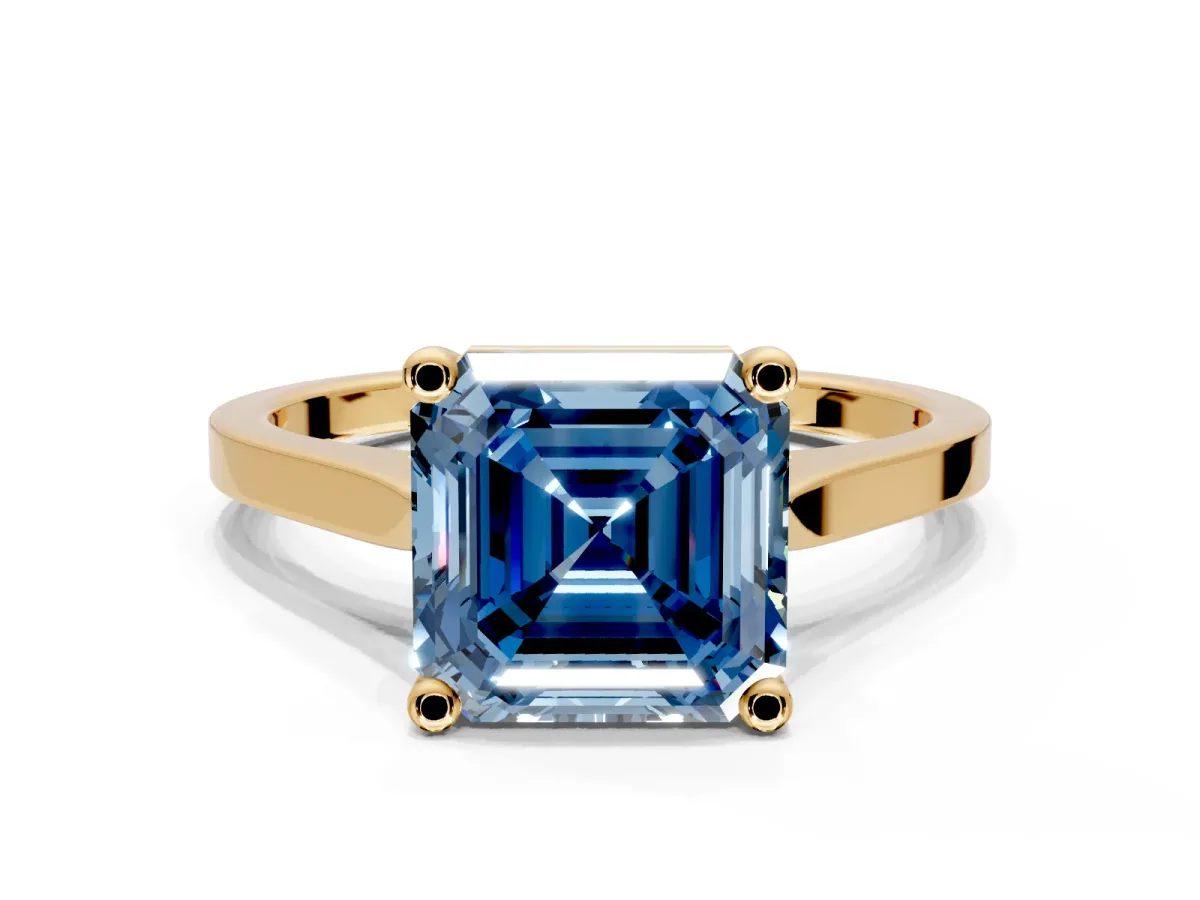 Solitaire Engagement Ring Setting for Fancy Blue Asscher Cut Center with Tapered Shoulders and Prong Head in Yellow Gold