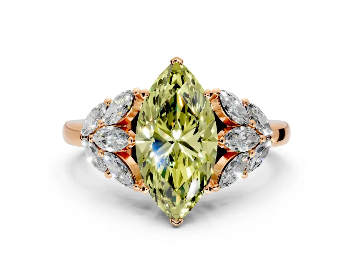Leaf Cluster Engagement Ring Setting for Fancy Yellow Marquise Center with Marquise Accents and Prong Head in Rose Gold
