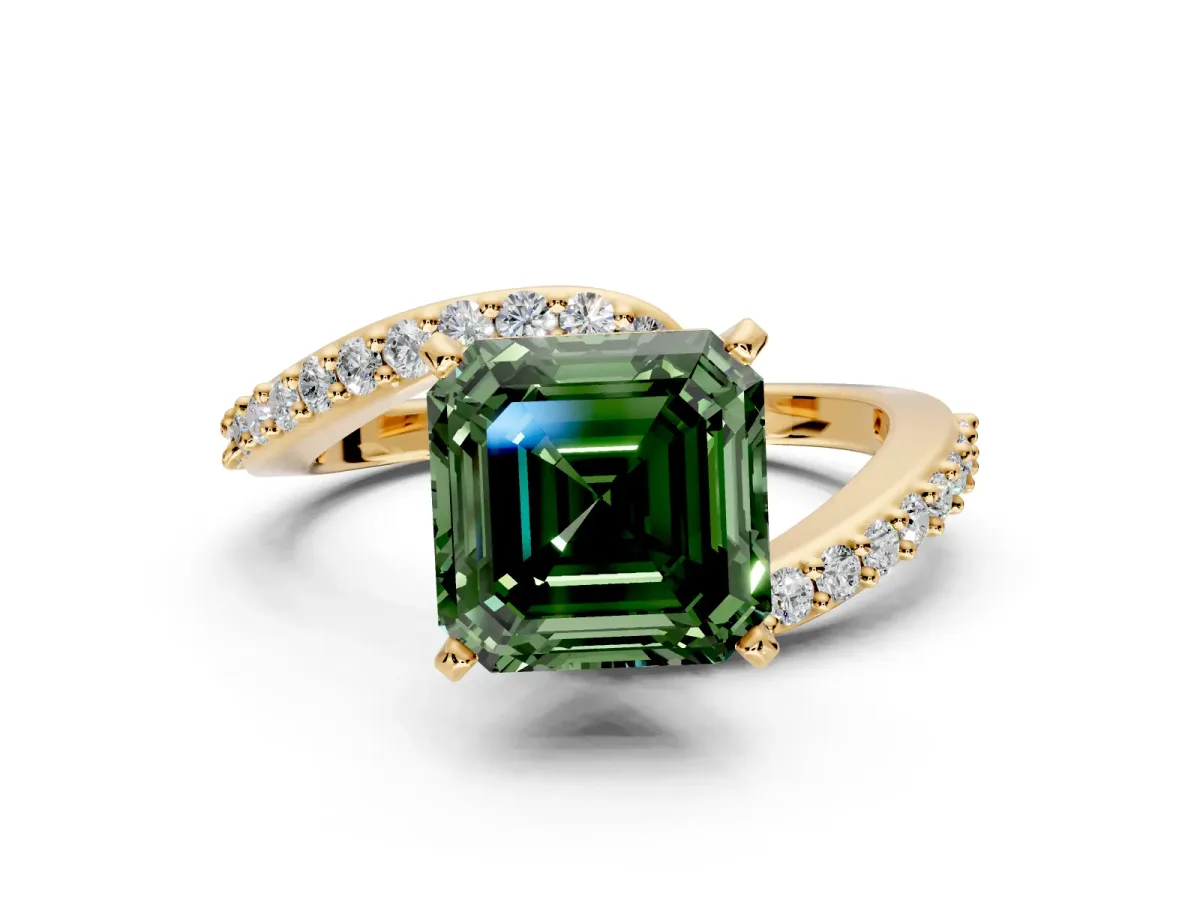 Solitaire Engagement Ring Setting for Fancy Green Asscher Cut Center with Pave Bypass Swirl Band and Prong Head in Yellow Gold