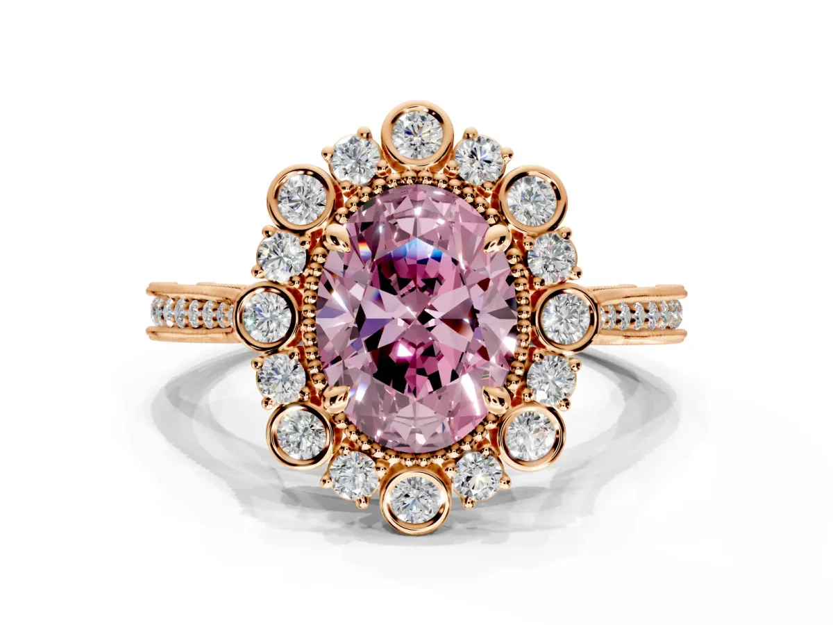 Milgrain Halo Engagement Ring Setting for Fancy Pink Oval Center with Bezel Point Accents and Prong Head in Rose Gold