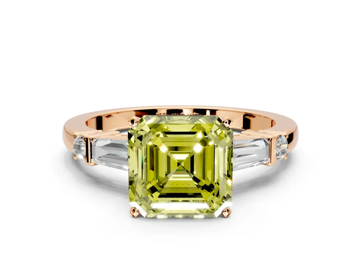 Bar-Set Engagement Ring Setting for Fancy Yellow Asscher Cut Center with Tapered Baguette Accents and Prong Head in Rose Gold