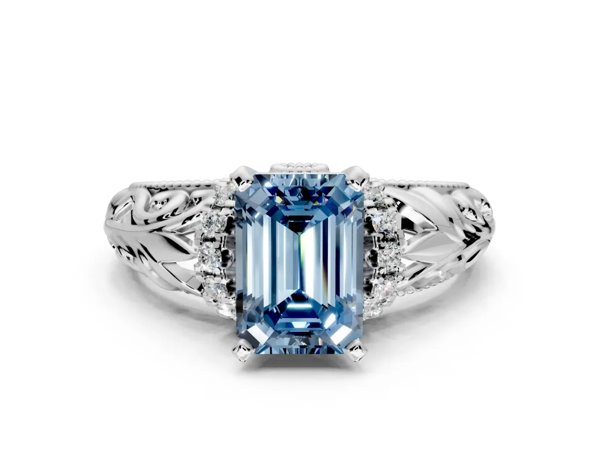 Solitaire Engagement Ring Setting for Fancy Blue Emerald Cut Center with Filigree Accent Basket and Prong Head in Platinum