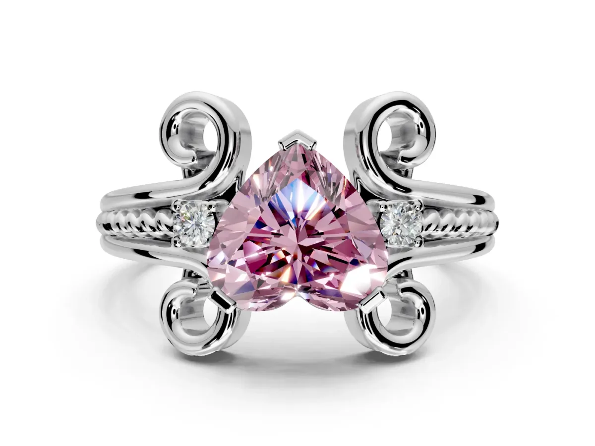 Solitaire Engagement Ring Setting for Fancy Pink Heart-Shaped Center with Twisted Band and Scroll Prong Head in Platinum