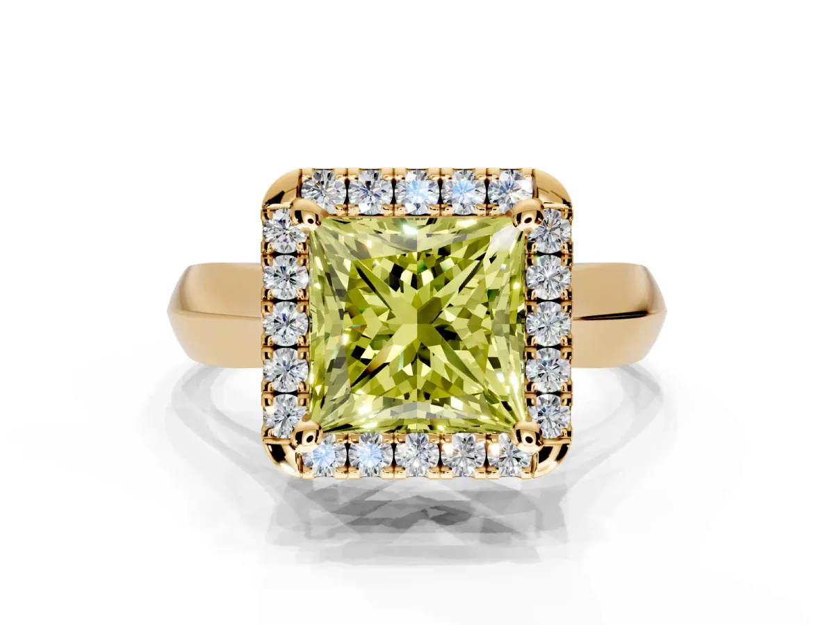 Halo Engagement Ring Setting for Fancy Yellow Princess Cut Center with Square Band and Prong Head in Yellow Gold