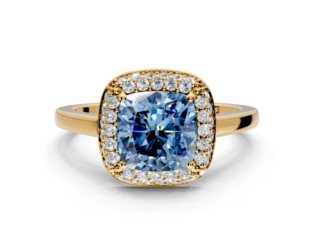 Halo Engagement Ring Setting for Fancy Blue Cushion Cut Center with Plain Tapered Band and Prong Head in Yellow Gold