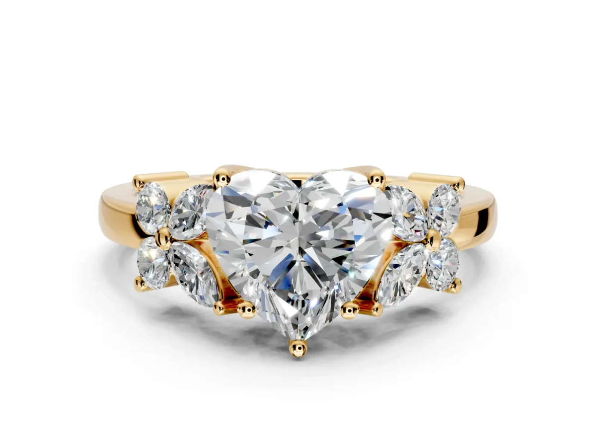 Floral Engagement Ring Setting for Heart-Shaped Center with Marquise Cluster Shoulders and Prong Head in Yellow Gold