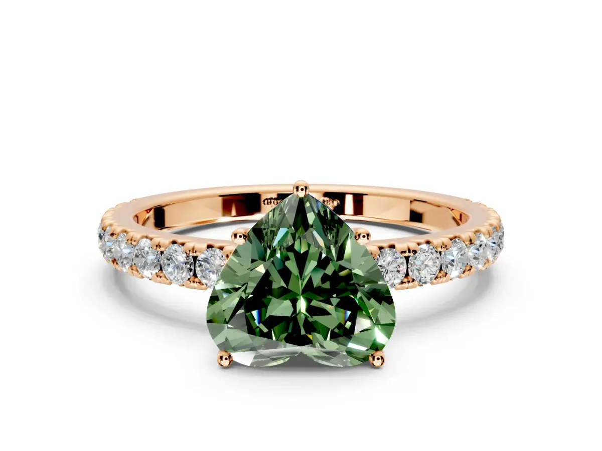 Solitaire Engagement Ring Setting for Fancy Green Heart-Shaped Center with Large Accent Band and Prong Head in Rose Gold