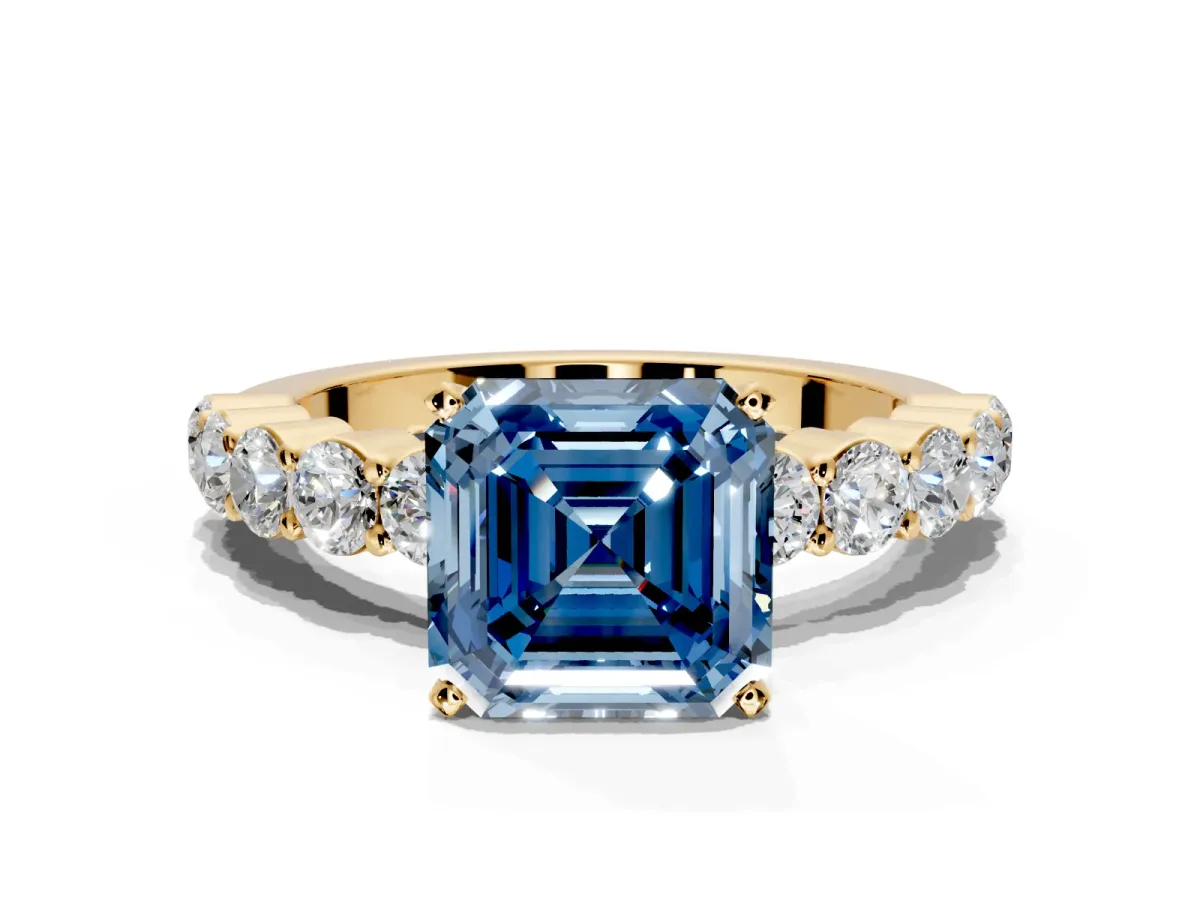 Shared-Prong Engagement Ring Setting for Fancy Blue Asscher Cut Center with Graduated Accents and Prong Head in Yellow Gold