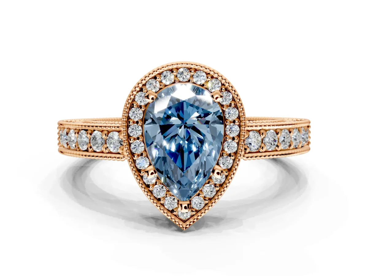 Milgrain Halo Engagement Ring Setting for Fancy Blue Pear-Shaped Center with Wide Pave Band and Prong Head in Rose Gold