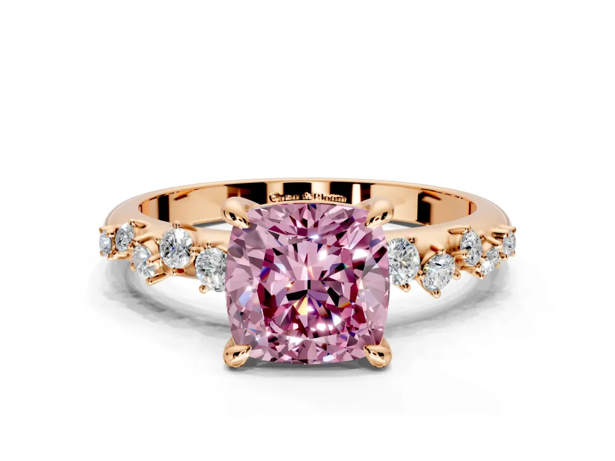 Solitaire Engagement Ring Setting for Fancy Pink Cushion Cut Center with Trailing Leaf Accent Band and Prong Head in Rose Gold