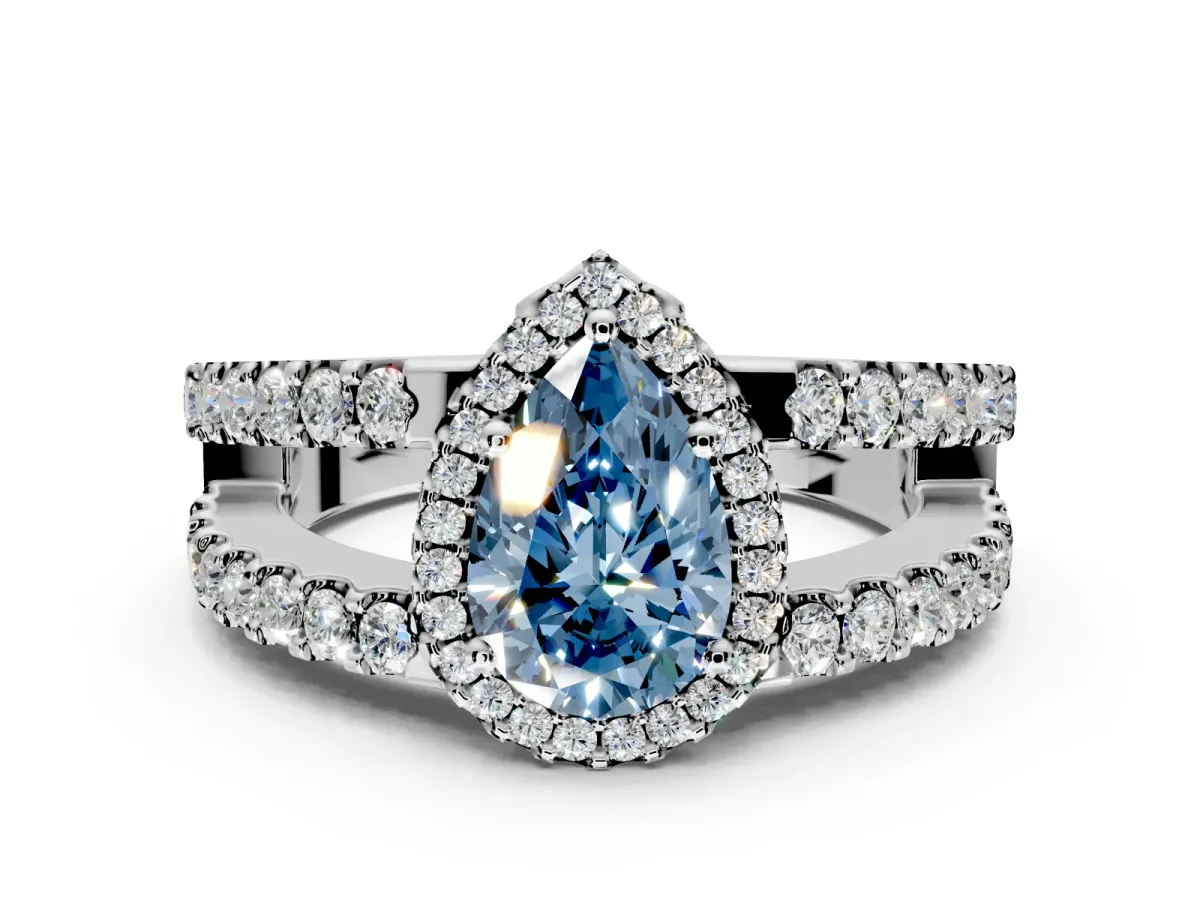 Halo Engagement Ring Setting for Fancy Blue Pear-Shaped Center with Wide-Open Pave Split Shank and Prong Head in Platinum