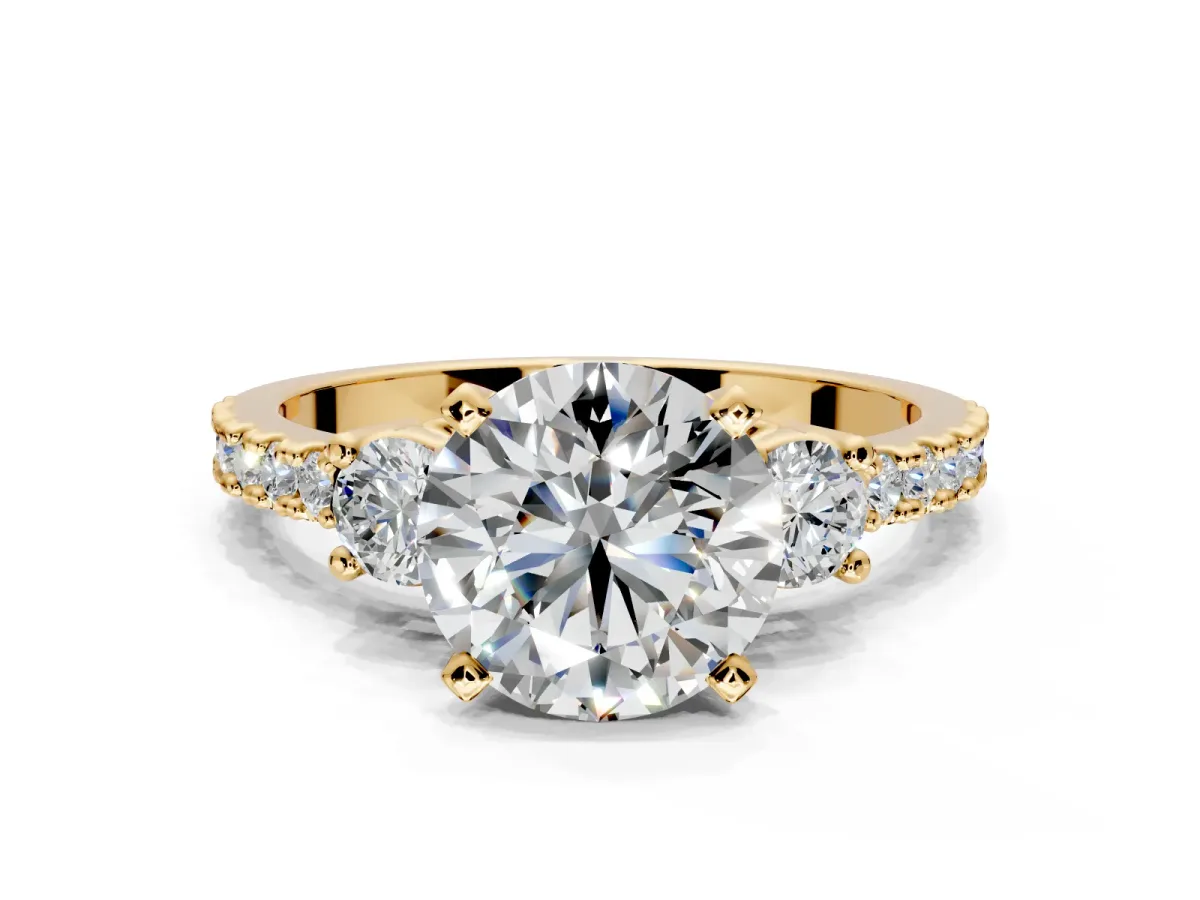 3 Stone Engagement Ring Setting for Round Cut Center with Round Cut Side Accents and Prong Head in Yellow Gold