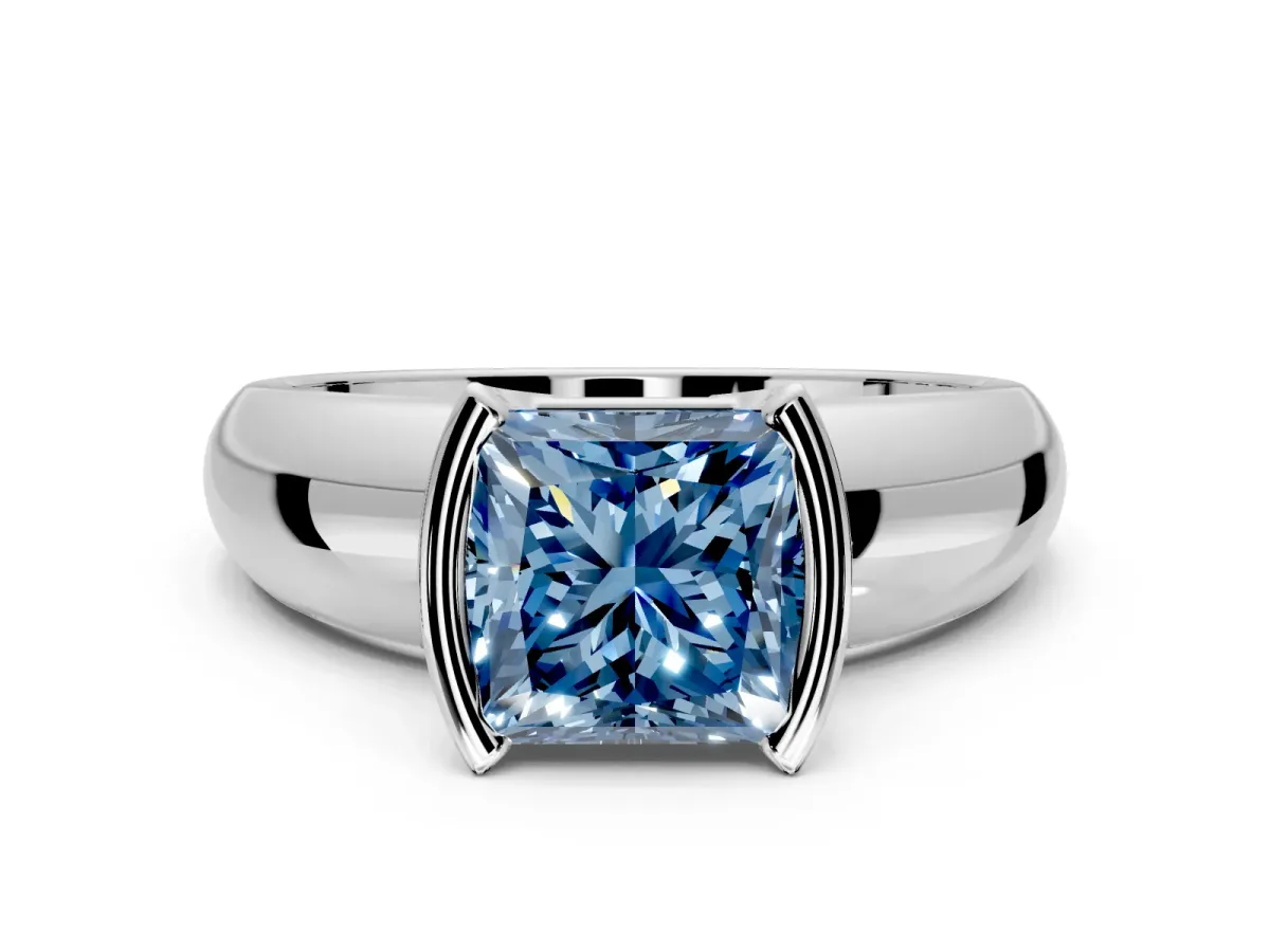 Tension Engagement Ring Setting for Fancy Blue Princess Cut Center with Wide Flat Band and Tension Head in Platinum